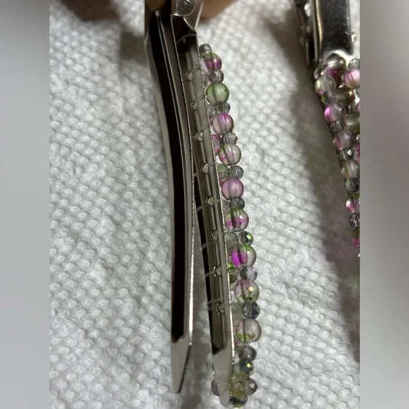 Hand crafted set of hair clips hand wrapped w/ green & fuchsia glass beads 3 in. - Picture 2 of 4
